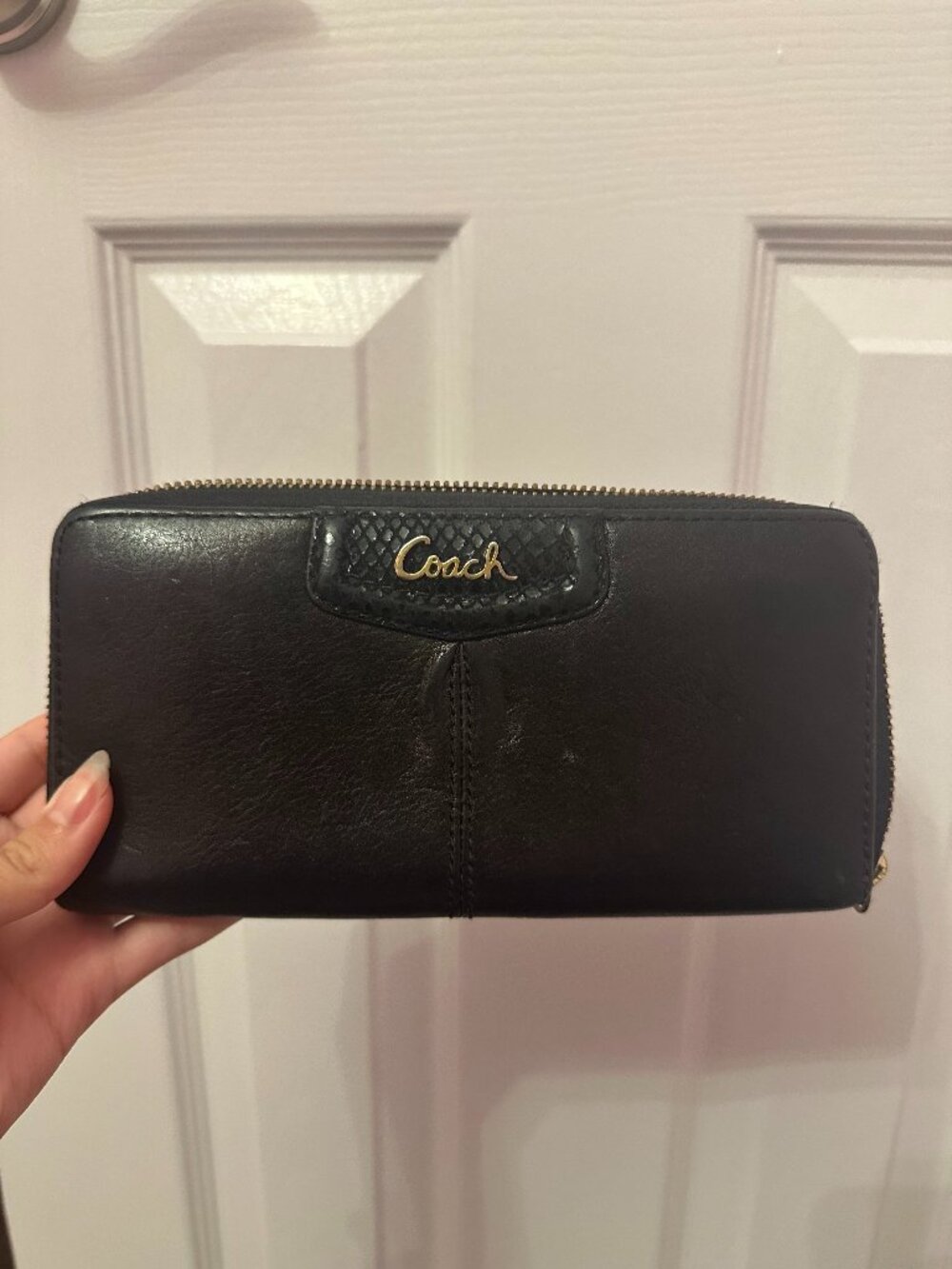 Y2K COACH Black Leather Continental Zip Around Long Wallet Snakeskin Trim